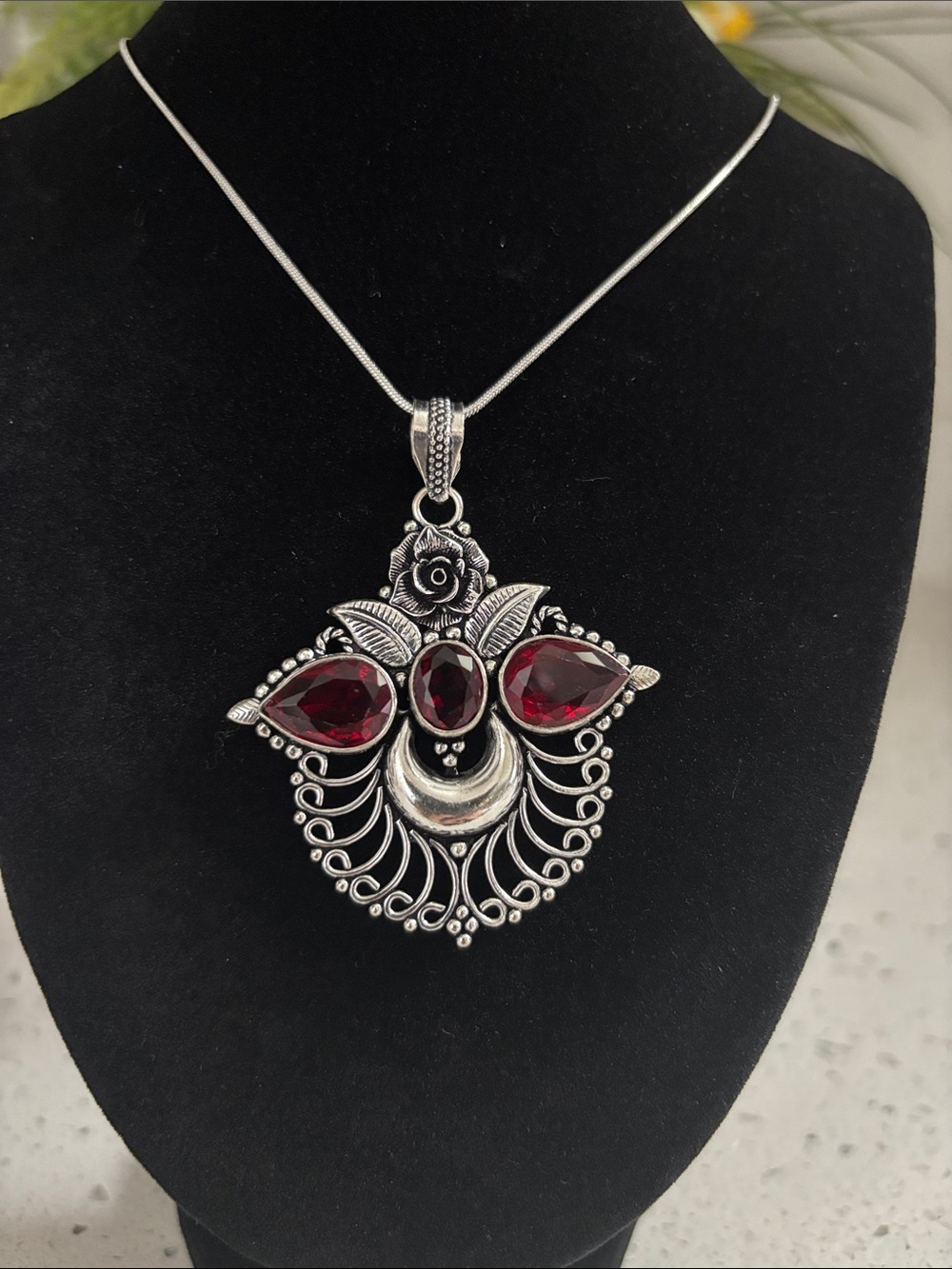 Sterling Silver Red Garnet Gemstone Pendant Necklace